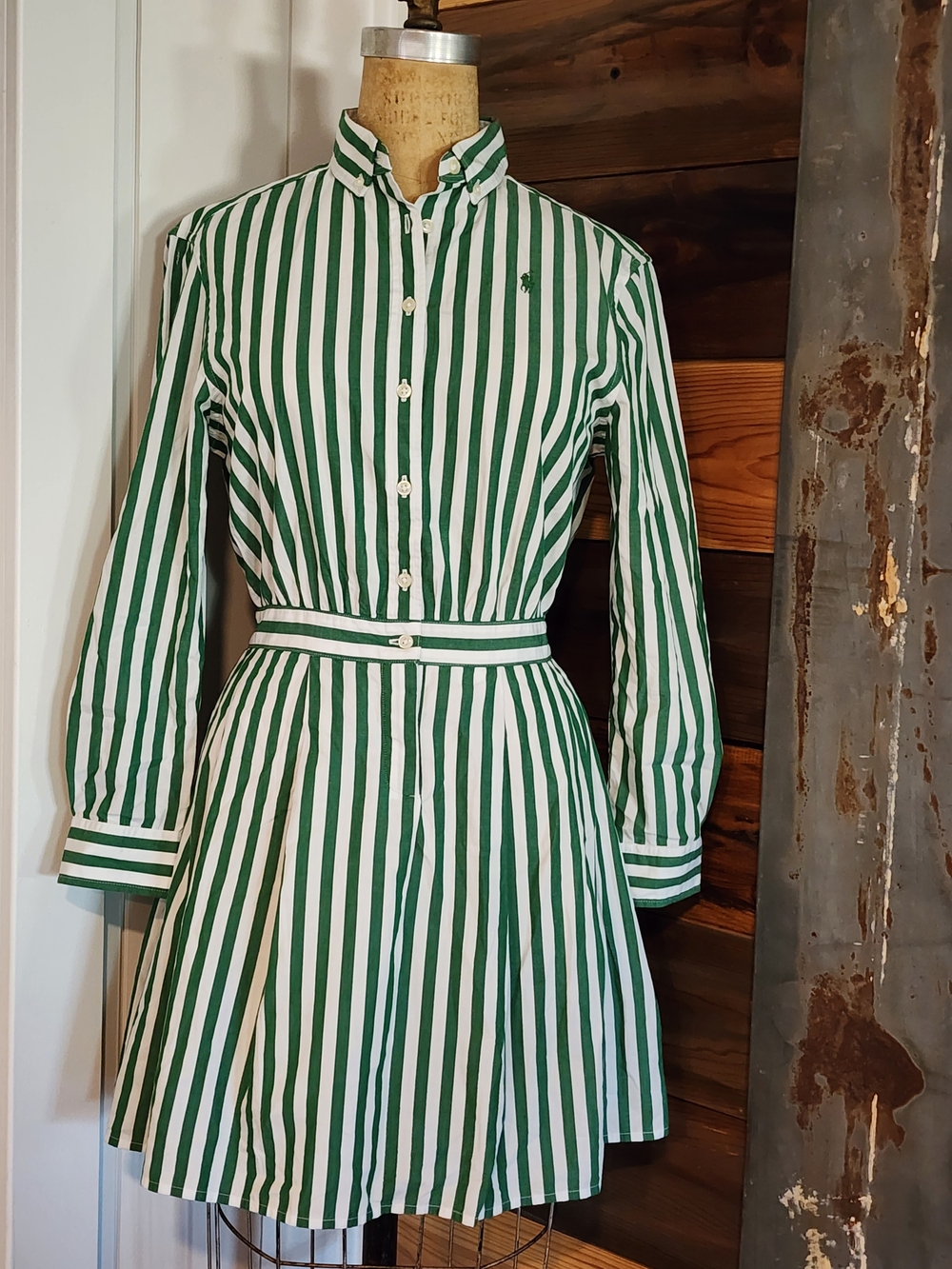 Polo by Ralph Lauren Green and White Striped Shirt Dress